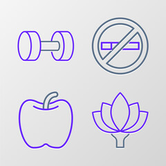 Set line Lotus flower, Apple, No Smoking and Dumbbell icon. Vector