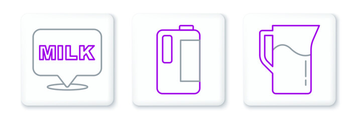 Set line Milk jug or pitcher, Lettering milk and plastic bottle icon. Vector