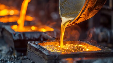 Molten metal is being poured into molds in an industrial foundry setting. The intense orange glow emanates from the liquid metal, emphasizing the high temperature and evening atmosphere.