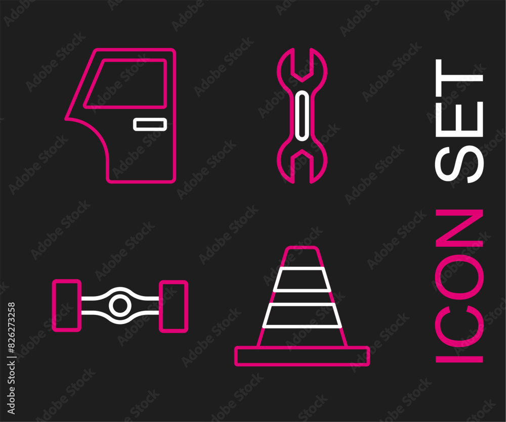 Wall mural set line traffic cone, chassis car, wrench spanner and car door icon. vector