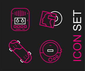 Set line Music CD player, Skateboard trick, Vinyl disk and Cassette tape icon. Vector