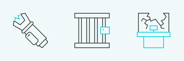 Set line Broken window, Police electric shocker and Prison icon. Vector