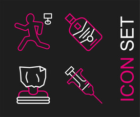 Set line Syringe, Kidnaping, Whiskey bottle and Murder icon. Vector