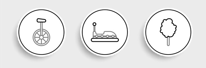 Set line Cotton candy, Unicycle or one wheel bicycle and Bumper car icon. Vector © Oksana