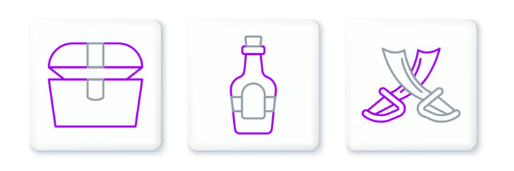 Set line Crossed pirate swords, Antique treasure chest and Alcohol drink Rum icon. Vector