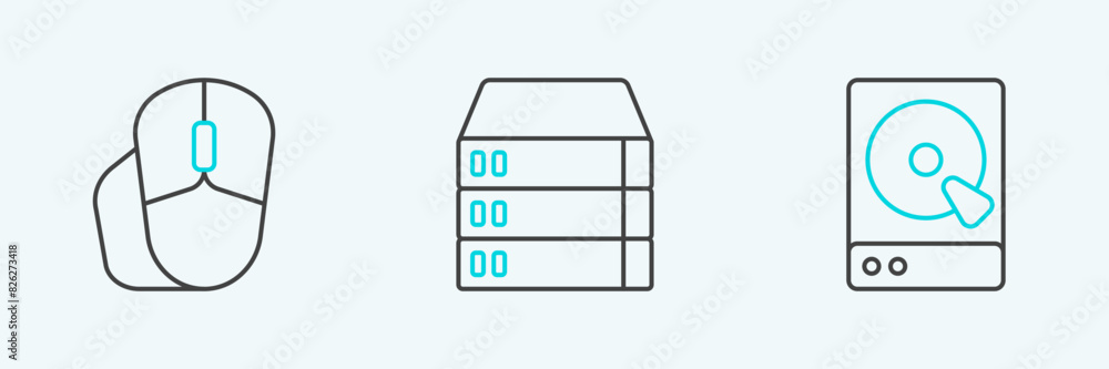 Poster set line hard disk drive hdd, computer mouse and server, data, web hosting icon. vector