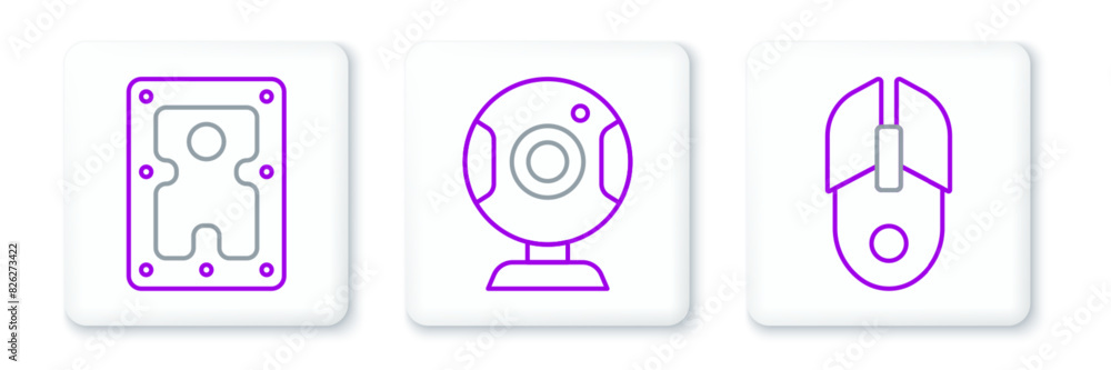 Poster set line computer mouse, hard disk drive hdd and web camera icon. vector
