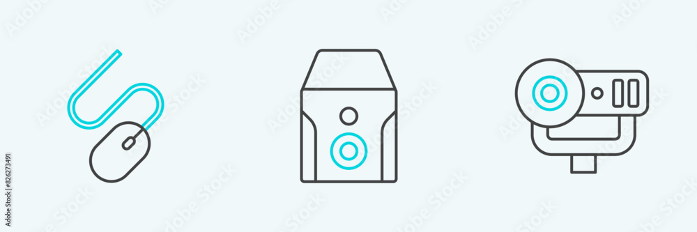 Poster set line web camera, computer mouse and uninterruptible power supply icon. vector