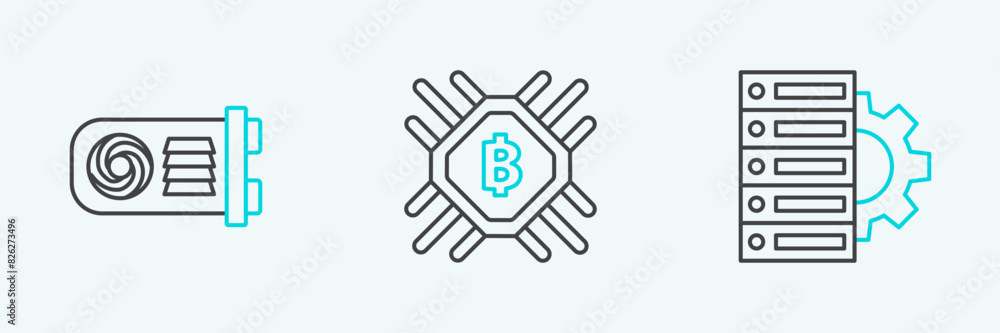 Poster set line server and gear, mining farm and cpu mining icon. vector