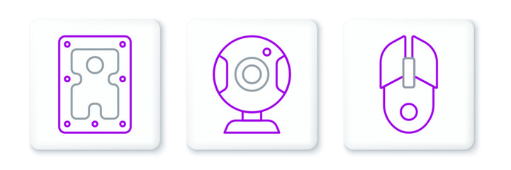 Set line Computer mouse, Hard disk drive HDD and Web camera icon. Vector