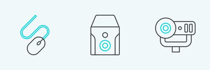 Set line Web camera, Computer mouse and Uninterruptible power supply icon. Vector