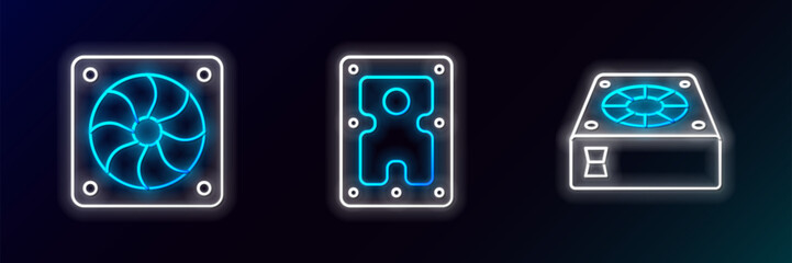 Set line Computer cooler, and Hard disk drive HDD icon. Glowing neon. Vector