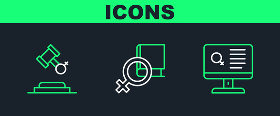 Set line Dating app, Female rights and Book about women icon. Vector