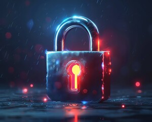 A glowing padlock with a red keyhole against a dark blue and red background.