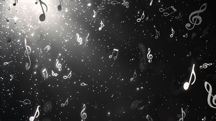 Dreamy musical notes floating gracefully against a starry black background, creating an ethereal and artistic representation of music in space. Generative AI.