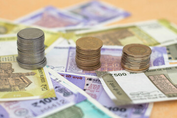 Indian colourful Money Rupee Notes and Coins 