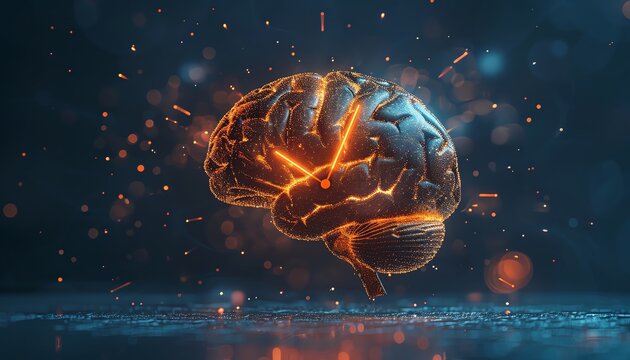 A glowing, metallic brain with sparks flying around it, representing intelligence, technology, and innovation.