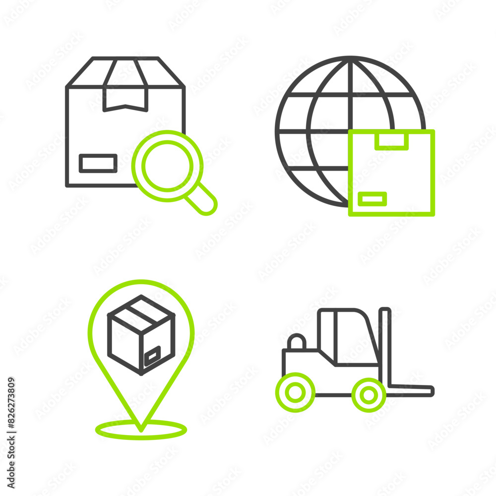 Poster set line forklift truck, location with cardboard box, worldwide shipping and search package icon. ve