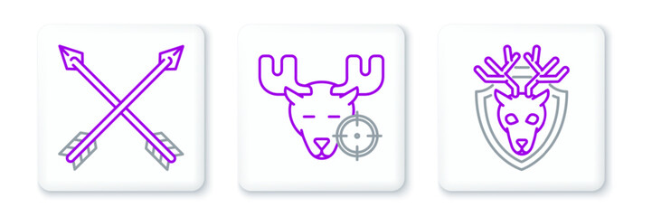 Set line Deer head with antlers on shield, Crossed arrows and Hunt moose crosshairs icon. Vector