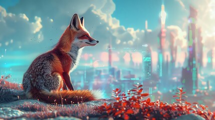 A lone fox sits atop a hill, gazing at a futuristic cityscape in the distance. The sky is filled with vibrant colors.