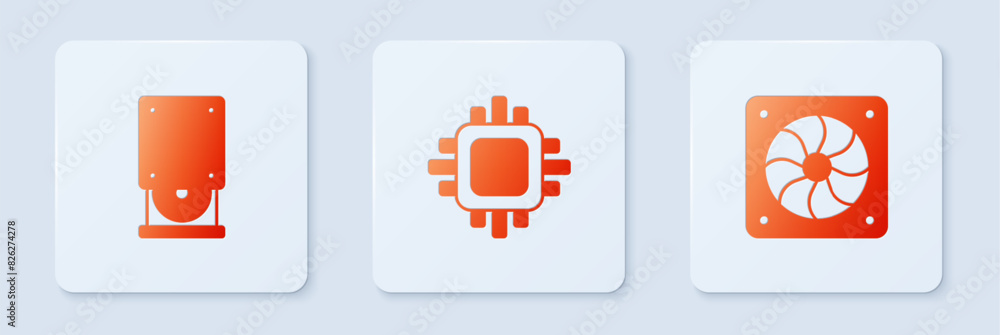Poster set processor with cpu, optical disc drive and computer cooler. white square button. vector