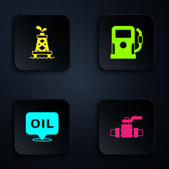 Obraz premium Set Metallic pipes and valve, Oil rig, Word oil and Petrol gas station. Black square button. Vector