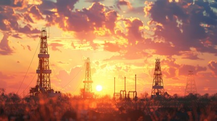 Obraz premium Oil rigs silhouetted against a vibrant sunset in an industrial landscape