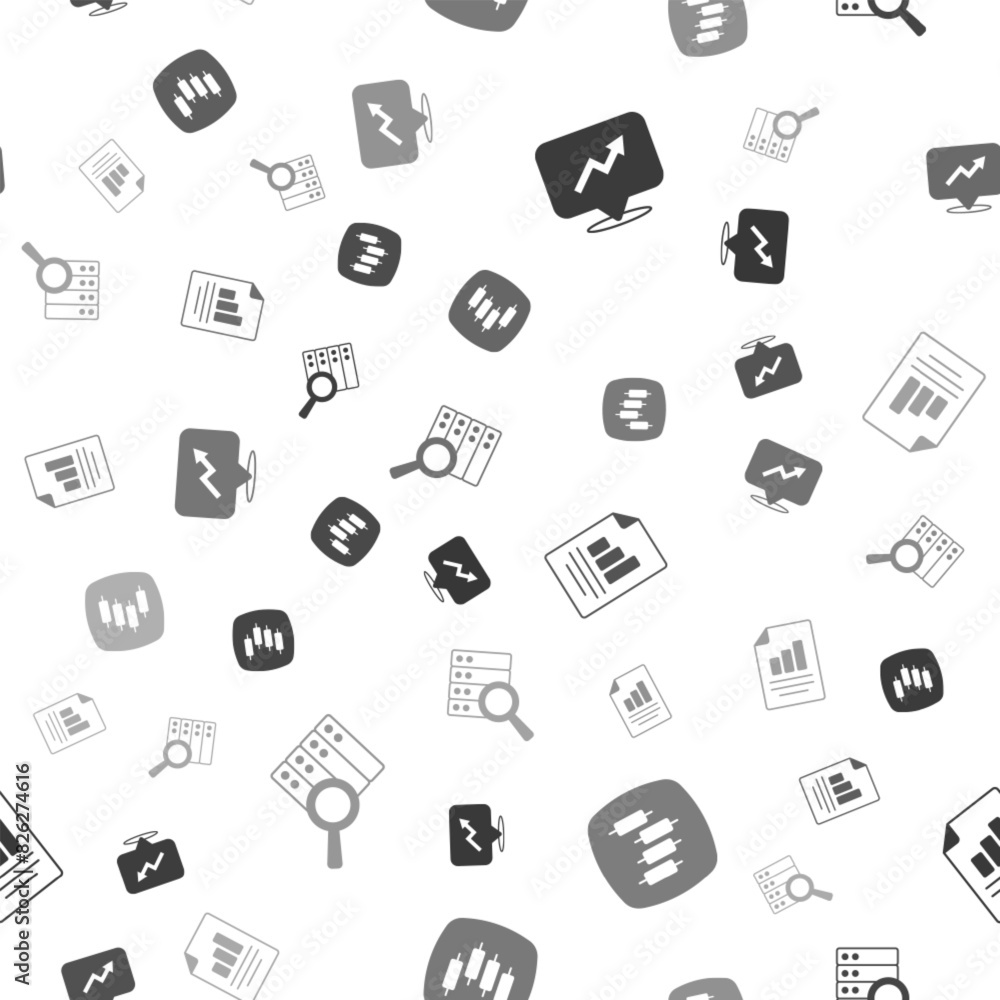 Poster set financial growth, browser with stocks market, document graph chart and server on seamless patter