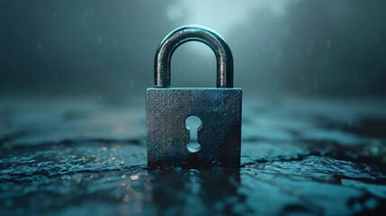 Fototapeta premium A padlock sits on a wet cobblestone path in a dark, mysterious setting. The padlock symbolizes security, protection, and mystery.