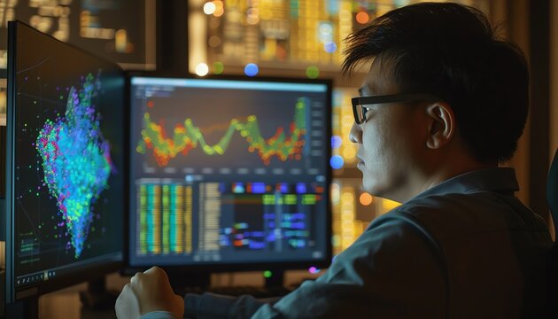 A professional data scientist using advanced data visualization tools, with a colorful scatter plot and heatmap displayed on a highresolution monitor