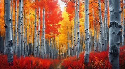 A vibrant autumn forest with trees ablaze in red, orange, and yellow foliage
