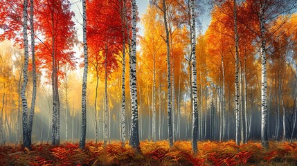 A vibrant autumn forest with trees ablaze in red, orange, and yellow foliage