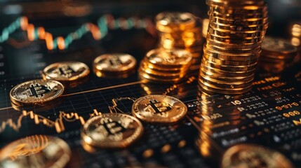 Bitcoin coins are stacked and scattered on a digital trading chart showing fluctuating market data. The chart displays graphs and indicators relevant to cryptocurrency trading.