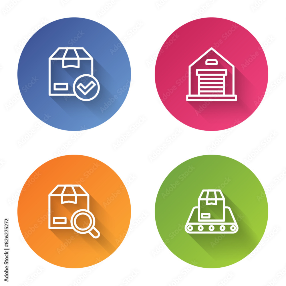 Poster set line ackage box with check mark, warehouse, search package and conveyor belt. color circle butto