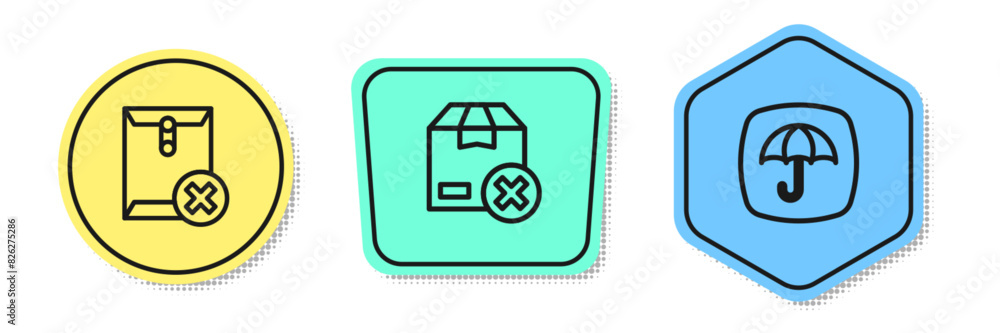 Poster set line delete envelope, carton cardboard box and delivery package with umbrella. colored shapes. v