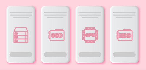 Set line Server, Data, Web Hosting, SSD card, Processor with CPU and Hard disk drive HDD. White rectangle button. Vector