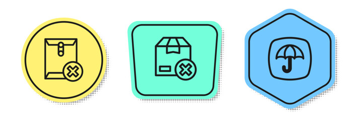 Set line Delete envelope, Carton cardboard box and Delivery package with umbrella. Colored shapes. Vector
