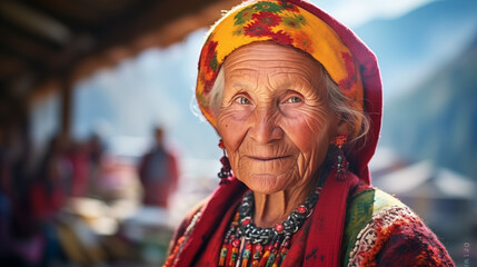 really old mountaineer lady traditional clothes; an image of woman reflecting the concept of moving away from traditions and keeping them only in the older generation; idea of heritage of our ancestor