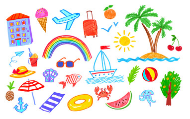 Fototapeta premium Summer vacation felt pen hand drawn vector illustrations collection of child drawings and doodles