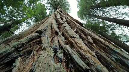  A towering tree surrounded by numerous trees growing towards its sides in a dense forest