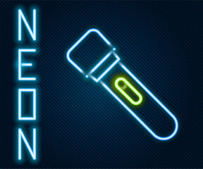 Glowing neon line Flashlight icon isolated on black background. Colorful outline concept. Vector