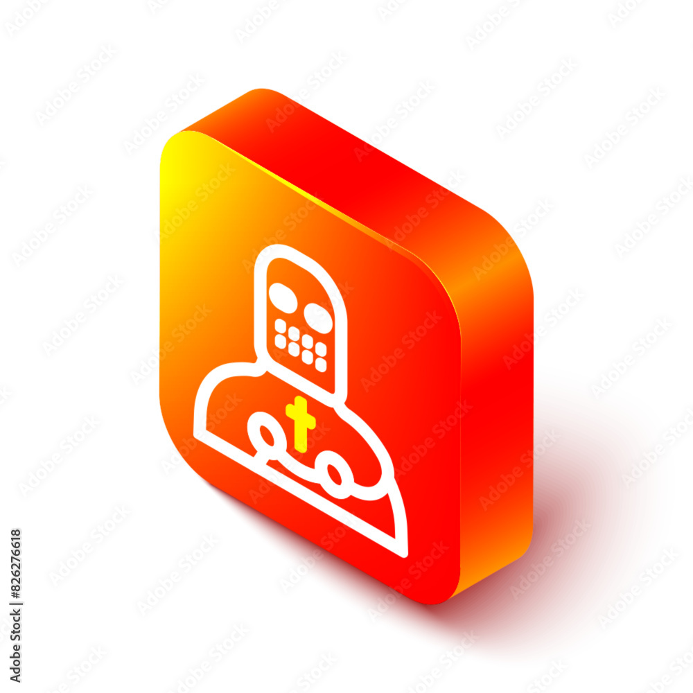 Poster isometric line knight crusader icon isolated on white background. orange square button. vector