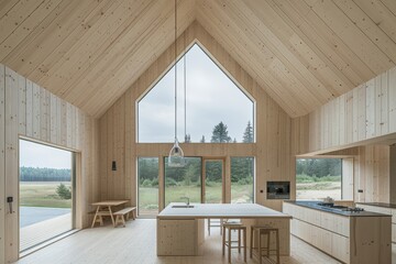Minimalist white interior with large windows and elegant light wood furniture for a spacious feel