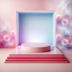 empty display platform mockup, romantic floral  background for product presentation i pink and blue pastel colors