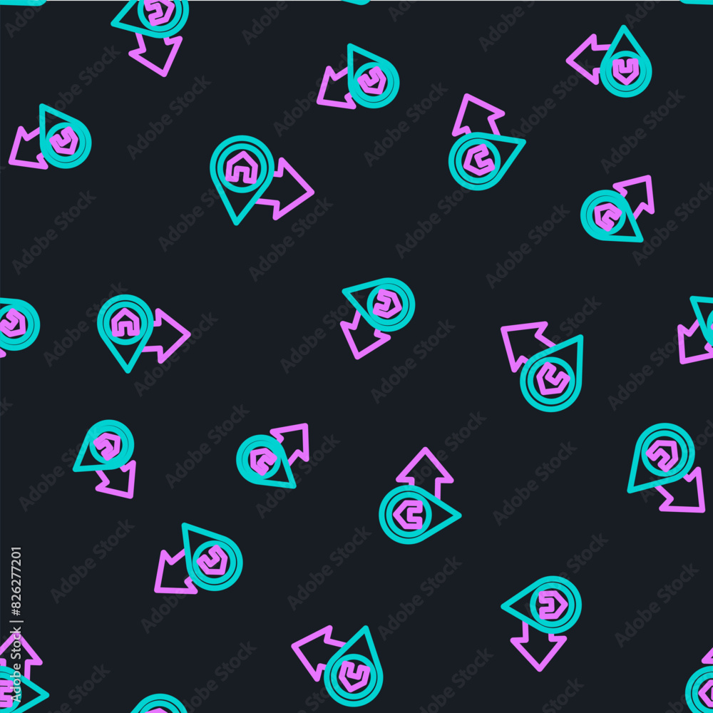 Poster line map pointer with house icon isolated seamless pattern on black background. home location marker