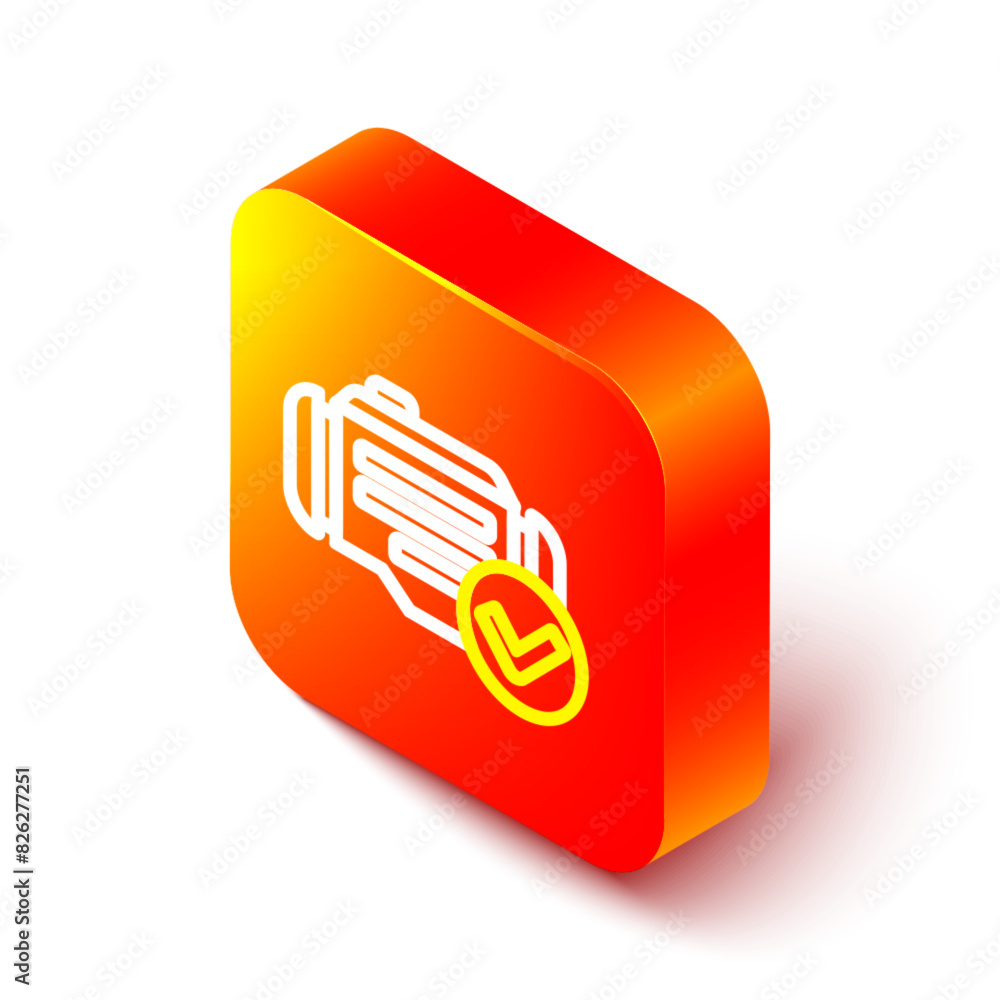 Aufkleber isometric line check engine icon isolated on white background. orange square button. vector