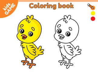 Page of kids coloring book with cartoon chick. Small chicken. Color the outline picture. Educational activity sheet for preschool and school children. Vector baby contour illustration of farm bird.