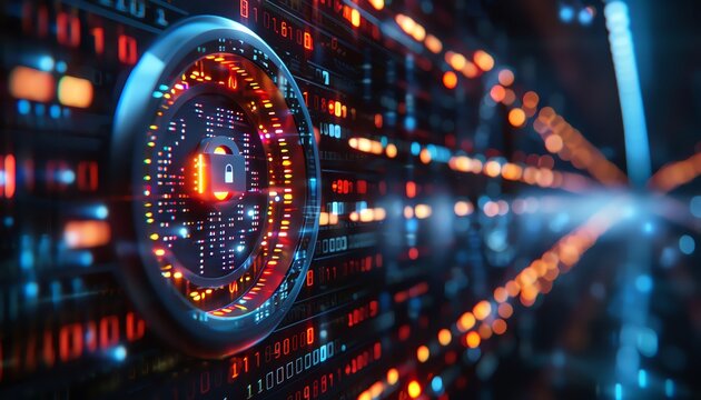 Abstract digital data stream with glowing circuits and binary code. Futuristic technology concept.