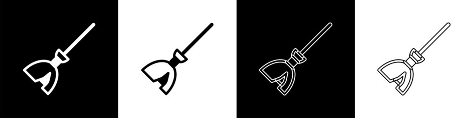 Set Witches broom icon isolated on black and white background. Happy Halloween party. Vector