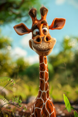 Fototapeta premium Cartoon Caricature of Giraffe. Generated Image. A digital rendering of a 3D cartoon caricature of a giraffe in the wild.